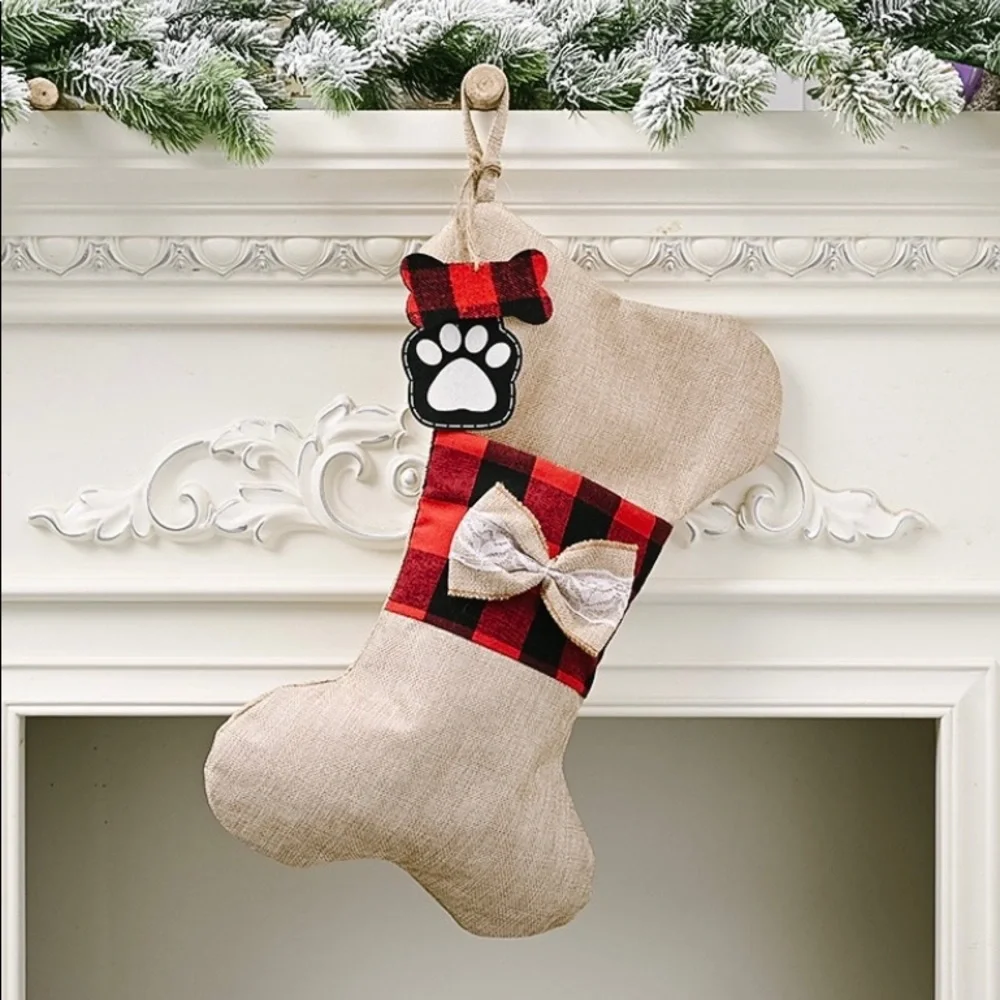 Christmas Decorations Linen Lattice Bone Socks Pendant Candy Bag - Picture 3 of 7